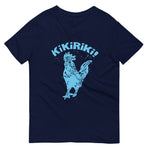 navy v-neck t-shirt with blue kikiriki rooster graphic on the front