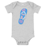 prepárate on a chancleta on a heather gray onesie