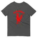 gray v-neck t-shirt with red kikiriki rooster graphic on the front