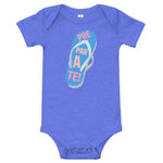 prepárate on a chancleta on a blue onesie