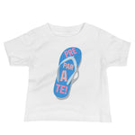 prepárate on a chancleta on a white baby t-shirt