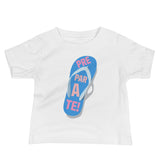 prepárate on a chancleta on a white baby t-shirt