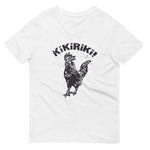 white v-neck t-shirt with black kikiriki rooster graphic on the front