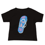 prepárate on a chancleta on a black baby t-shirt
