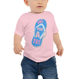 baby wearing prepárate on a chancleta on a pink baby t-shirt