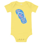 yellow onesie with you better calmate chancleta graphic on the front